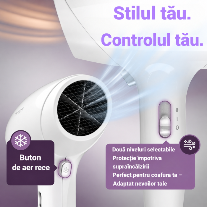 AM256 - Uscator de Par ProfiCare® 1800W cu suport de prins in Perete, Cablu Spiral Extra Lung, 2 Trepte, Aer Rece si Protectie Supraincalzire, pentru baie, hol, camera, alb [5]