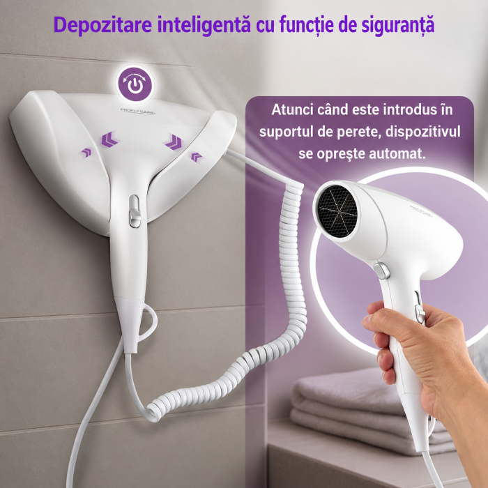 AM256 - Uscator de Par ProfiCare® 1800W cu suport de prins in Perete, Cablu Spiral Extra Lung, 2 Trepte, Aer Rece si Protectie Supraincalzire, pentru baie, hol, camera, alb [4]