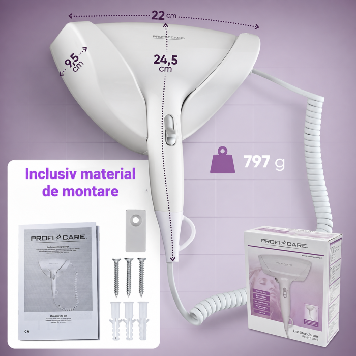 AM256 - Uscator de Par ProfiCare® 1800W cu suport de prins in Perete, Cablu Spiral Extra Lung, 2 Trepte, Aer Rece si Protectie Supraincalzire, pentru baie, hol, camera, alb [2]