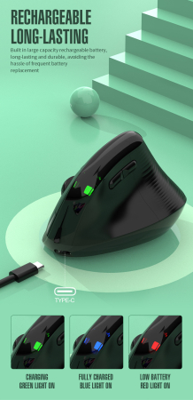 Mouse wireless AdyMel® ergonomic vertical – 2.4GHz + BT 5.0, 4000 DPI, reincarcabil, negru. [5]