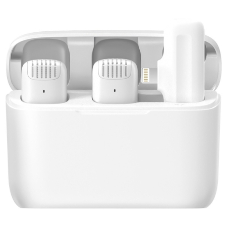 Accesorii PC, Laptop, Tablete & Telefoane - Lavaliera profesionala AdyMel® pentru iPhone 2 microfoane wireless, Lightning, cu carcasa incarcare, alba.