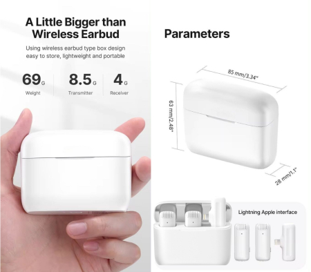 Lavaliera profesionala AdyMel® pentru iPhone 2 microfoane wireless, Lightning, cu carcasa incarcare, alba. [7]