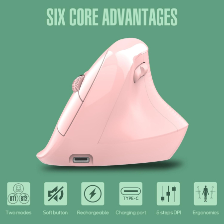 Mouse wireless AdyMel® ergonomic vertical – 2.4GHz + BT 5.0, 4000 DPI, reincarcabil, roz [3]