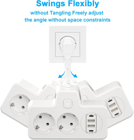 Prelungitor multifunctional AdyMel® – lampa veghe, PD 20W, 2x Type-C, 2x USB 3.4A, touch, alb. [7]