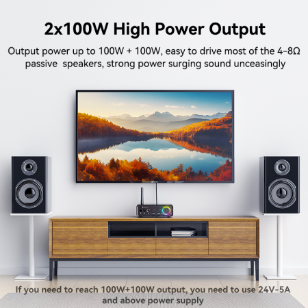 Amplificator digital Bluetooth 5.3 AdyMel® – 2x100W, HD Bass/Treble, Optical, RCA, AUX, MIC, negru. [1]