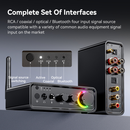 Amplificator digital Bluetooth 5.3 AdyMel® – 2x100W, HD Bass/Treble, Optical, RCA, AUX, MIC, negru. [2]