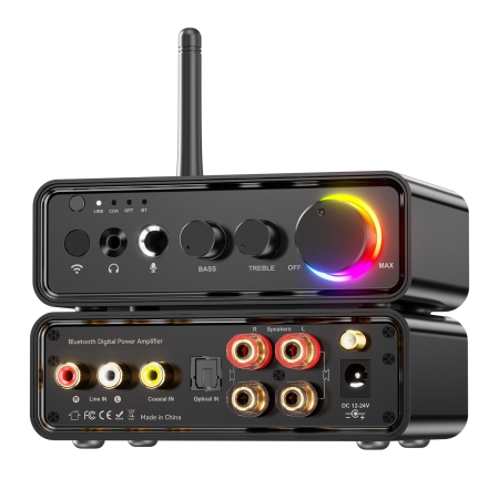 Accesorii PC, Laptop, Tablete & Telefoane - Amplificator digital Bluetooth 5.3 AdyMel® – 2x100W, HD Bass/Treble, Optical, RCA, AUX, MIC, negru.