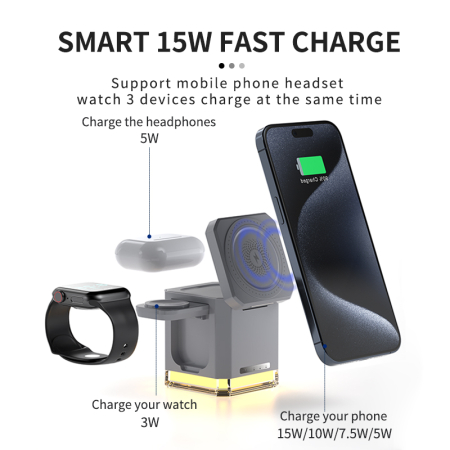Incarcator wireless fast charger AdyMel® 4 in 1 – lampa veghe, 15W, telefon, casti, smartwatch, negru. [2]