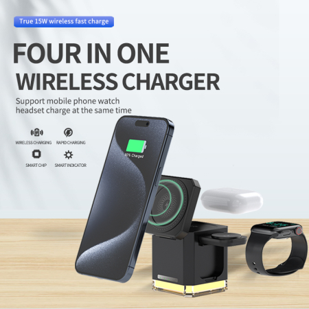 Incarcator wireless fast charger AdyMel® 4 in 1 – lampa veghe, 15W, telefon, casti, smartwatch, negru. [1]