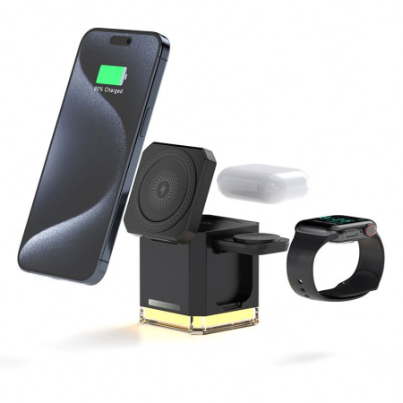 Accesorii si incarcatoare telefoane - Incarcator wireless fast charger AdyMel® 4 in 1 – lampa veghe, 15W, telefon, casti, smartwatch, negru.