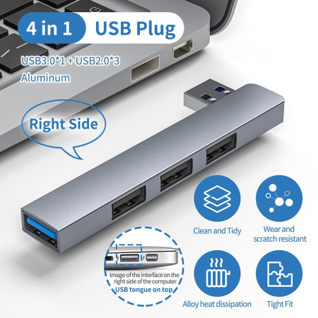 Adaptor USB 4 in 1 AdyMel® – hub aluminiu cu 4 porturi USB 3.0 si 2.0, albastru. [4]