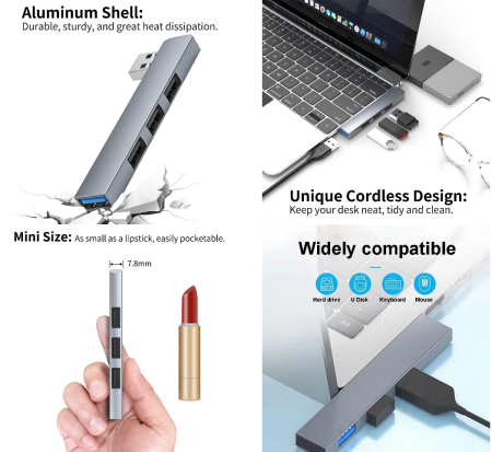 Adaptor USB 4 in 1 AdyMel® – hub aluminiu cu 4 porturi USB 3.0 si 2.0, albastru. [5]