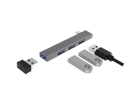 Accesorii PC, Laptop, Tablete & Telefoane - Adaptor USB Type C 4 in 1 AdyMel® – hub aluminiu cu 4 porturi USB, gri.