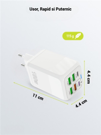 Incarcator retea AdyMel® 150W – super fast charger, 6 porturi USB si Type-C PD, alb. [2]