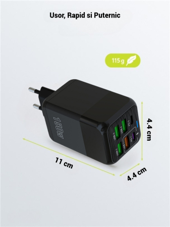 Incarcator retea AdyMel® 150W – super fast charger, 6 porturi USB si Type-C PD, negru. [3]