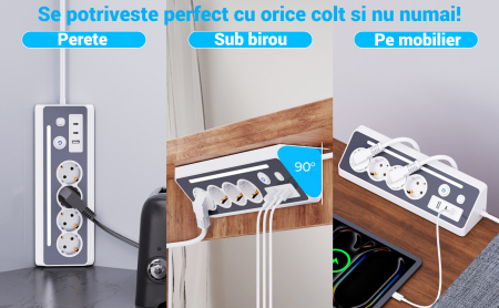 Prelungitor 8 in 1 AdyMel® – 4 prize, USB A si C, PD 30W, lumina veghe, alb. [6]