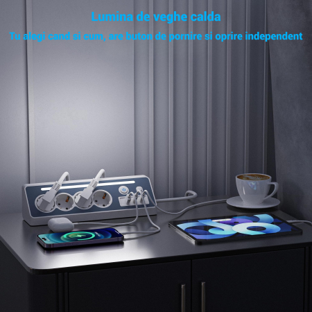 Prelungitor 8 in 1 AdyMel® – 4 prize, USB A si C, PD 30W, lumina veghe, alb. [4]