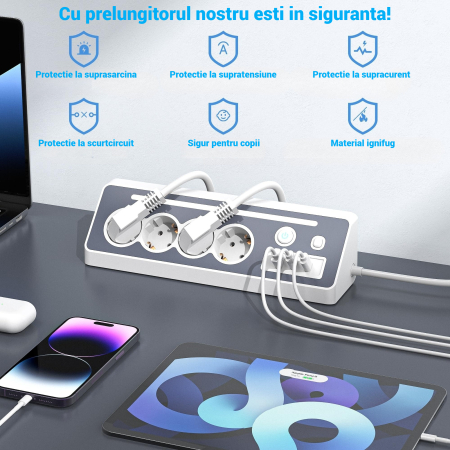 Prelungitor 8 in 1 AdyMel® – 4 prize, USB A si C, PD 30W, lumina veghe, alb. [5]