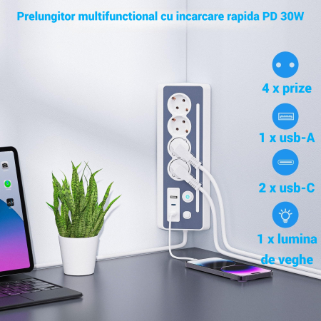 Prelungitor 8 in 1 AdyMel® – 4 prize, USB A si C, PD 30W, lumina veghe, alb. [1]