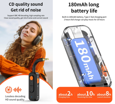 Adaptor Bluetooth 5.4 AdyMel® – jack 3.5 mm, receptor si transmitator audio, negru. [5]