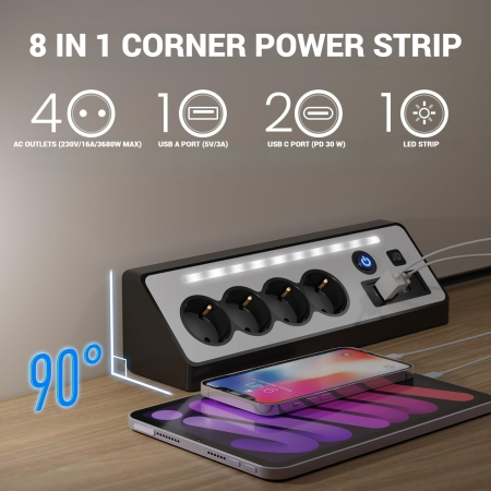 Prelungitor 8 in 1 AdyMel® – 4 prize, USB A si C, PD 30W, lumina veghe, negru. [3]