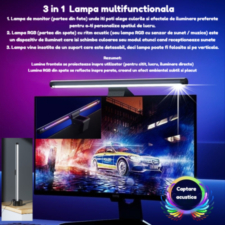 Lampa LED monitor AdyMel® RGB gaming – aluminiu, touch, reglabila, negru. [1]