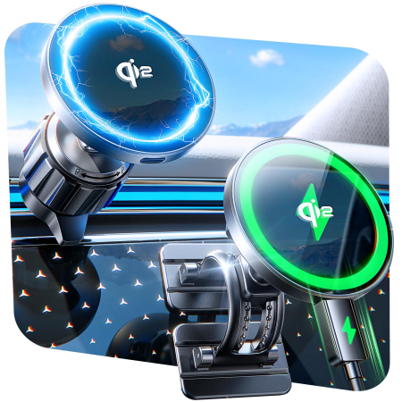 Accesorii PC, Laptop, Tablete & Telefoane - Incarcator auto wireless LISEN® IQ 2 – MagSafe 15W, rotire 360°, negru.