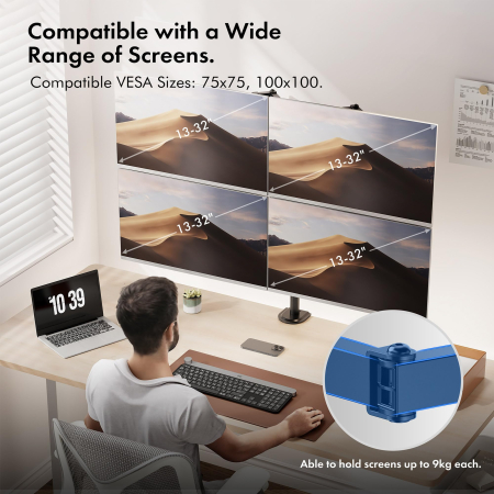 Suport 4 monitoare Vonhaus® 17–32 inch – VESA 75x75/100x100, reglabil, negru. [1]