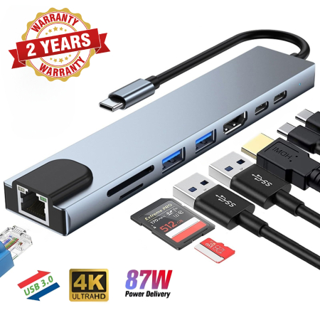 Accesorii PC, Laptop, Tablete & Telefoane - Adaptor Hub Multiport 8 in 1 AdyMel® – HDMI 4K, LAN RJ45, PD 87W, gri.