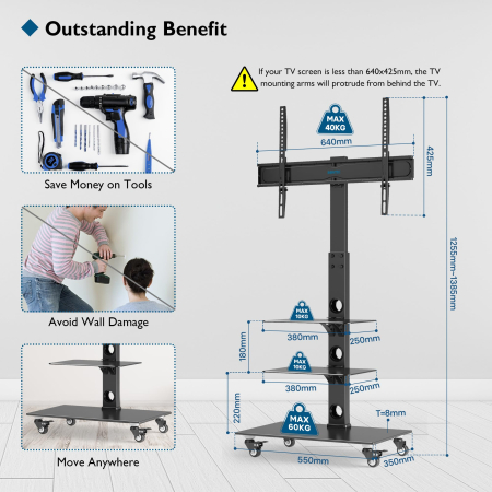 Suport TV Bontec® 30–70 inch – stand cu sticla securizata si roti 360°, VESA 600x400. [4]