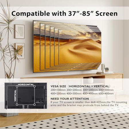 Suport TV universal extensibil – 37–85 inch, VESA 100x100–600x400, inclinare, rotire, pana la 60 kg, negru. [1]