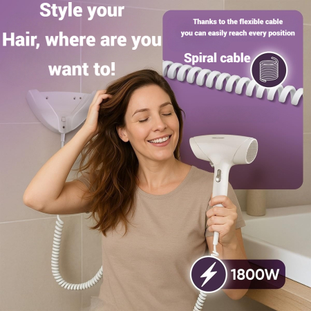 AM256 - Uscator de Par ProfiCare® 1800W cu suport de prins in Perete, Cablu Spiral Extra Lung, 2 Trepte, Aer Rece si Protectie Supraincalzire, pentru baie, hol, camera, alb [2]
