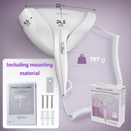 AM256 - Uscator de Par ProfiCare® 1800W cu suport de prins in Perete, Cablu Spiral Extra Lung, 2 Trepte, Aer Rece si Protectie Supraincalzire, pentru baie, hol, camera, alb [1]
