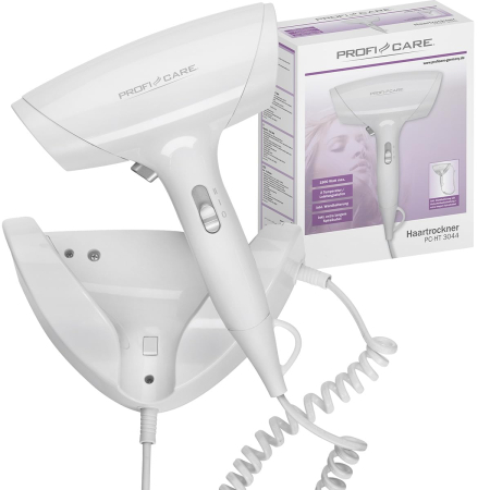 Ingrijire Personala - AM256 - Uscator de Par ProfiCare® 1800W cu suport de prins in Perete, Cablu Spiral Extra Lung, 2 Trepte, Aer Rece si Protectie Supraincalzire, pentru baie, hol, camera, alb