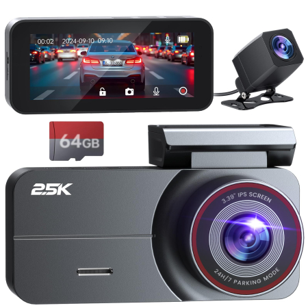 Auto & Biciclete - AM263 - Camera video auto fata si spate, camera dubla QHD 2.5K / 2560 x 1440P pentru masina, vedere nocturna superioara, inregistrare in bucla, ecran IPS de 3.39 inch, card de 64GB inclus, unghi larg de 160°, mod parcare 24h