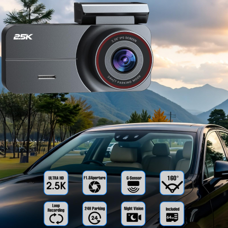 AM263 - Camera video auto fata si spate, camera dubla QHD 2.5K / 2560 x 1440P pentru masina, vedere nocturna superioara, inregistrare in bucla, ecran IPS de 3.39 inch, card de 64GB inclus, unghi larg de 160°, mod parcare 24h [1]