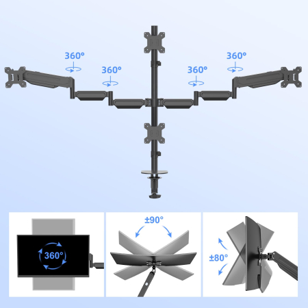AM272 - Suport 4 Monitoare Premium pentru Birou 32" inch Pholiten®, Arc pe Gaz, pentru Productivitate, Multitasking, Munca, Gaming, Organizator Cabluri, Instalare Usoara, Ergonomic, VESA 75x75 / 100x100, Pana la 10 kg per brat, Prindere cu Clema/Surub, Negru [4]
