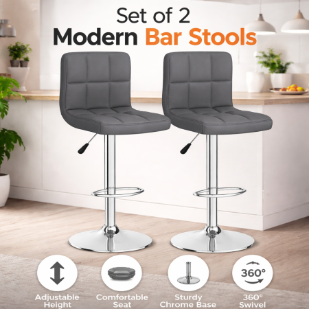 Scaune - AM280 - Set 2 scaune bar Premium, reglabile pe inaltime, rotative 360°, tapiterie textil gri inchis, cadru otel cromat, suport picioare, confortabile pentru bucatarie, bar sau dining, Gri