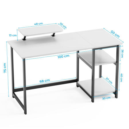 AM282 - Birou modern 100x50x75 cm cu spatiu de depozitare, masa PC cu rafturi detasabile, suport monitor, structura metalica stabila, design ergonomic si multifunctional pentru acasa, gaming, dormitor sau birou, alb [2]