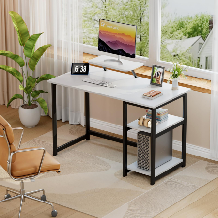 Toate produsele - AM282 - Birou modern 100x50x75 cm cu spatiu de depozitare, masa PC cu rafturi detasabile, suport monitor, structura metalica stabila, design ergonomic si multifunctional pentru acasa, gaming, dormitor sau birou, alb