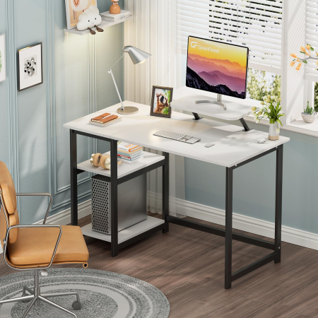 AM282 - Birou modern 100x50x75 cm cu spatiu de depozitare, masa PC cu rafturi detasabile, suport monitor, structura metalica stabila, design ergonomic si multifunctional pentru acasa, gaming, dormitor sau birou, alb [6]