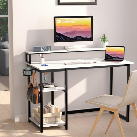 Toate produsele - AM283 - Birou modern 100x50x75 cm cu spatiu de depozitare, masa PC cu rafturi detasabile, suport monitor, structura metalica stabila, design ergonomic si multifunctional pentru acasa, gaming, dormitor sau birou, alb