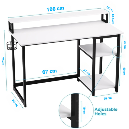 AM283 - Birou modern 100x50x75 cm cu spatiu de depozitare, masa PC cu rafturi detasabile, suport monitor, structura metalica stabila, design ergonomic si multifunctional pentru acasa, gaming, dormitor sau birou, alb [4]