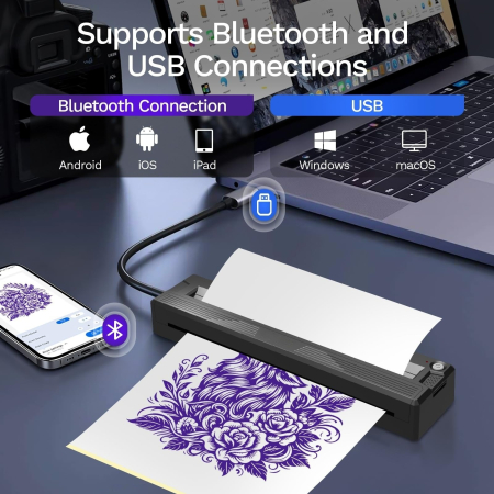 AM286 - Imprimanta Termica 2 in 1 Tatuaje + A4, Bluetooth, Fara Cerneala, Autonomie 300 Pagini, Usb, Portabila, Compatibila iOS Android Laptop [1]