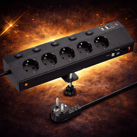 Prelungitoare si Prize - AM287 - Prelungitor pentru blat, birou, cu prindere, cu clema, PD 30W fast charge, 220V-250V 4000W/16A 5 prize, 3 USB-C, 2 USB-A, cablu 2m, protectie supratensiune, rotire 180° multifunctional, bucatarie, living, dormitor, negru