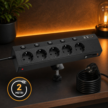 Casa & Birou - AM287 - Prelungitor pentru blat, birou, cu prindere, cu clema, PD 30W fast charge, 220V-250V 4000W/16A 5 prize, 3 USB-C, 2 USB-A, cablu 2m, protectie supratensiune, rotire 180° multifunctional, Negru