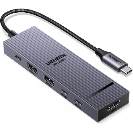 Adaptoare, Hub-uri Usb - AM288 - Hub USB-C UGREEN 6 in 1 Revodok Pro 10 Gbps cu HDMI 4K@60Hz – Adaptor USB-C cu 2 x USB-A 3.2 si 2 x USB-C 3.2, PD 100W, Aliaj Aluminiu, Gri