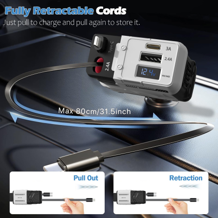 AM290 - Incarcator Auto Retractabil 4 in 1 USB-C Fast Charge, incarcator pentru priza bricheta, Cablu Integrat, Compatibil iPhone, Samsung Galaxy, Cutter Centura si Ciocan Urgenta [1]