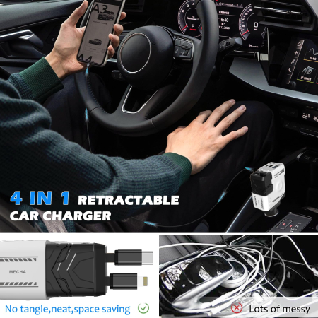 AM290 - Incarcator Auto Retractabil 4 in 1 USB-C Fast Charge, incarcator pentru priza bricheta, Cablu Integrat, Compatibil iPhone, Samsung Galaxy, Cutter Centura si Ciocan Urgenta [4]