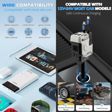 AM290 - Incarcator Auto Retractabil 4 in 1 USB-C Fast Charge, incarcator pentru priza bricheta, Cablu Integrat, Compatibil iPhone, Samsung Galaxy, Cutter Centura si Ciocan Urgenta [3]